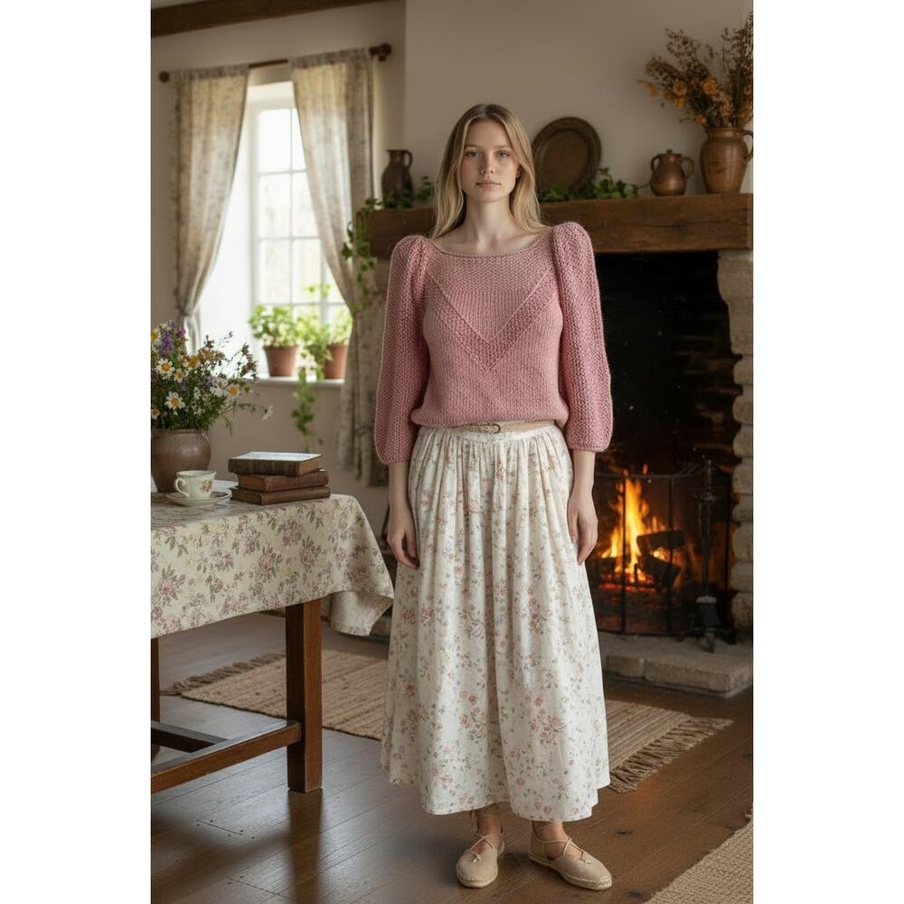 Vintage Nannell Pink Knit Sweater Puff Sleeve Cottagecore Handmade Style Size M